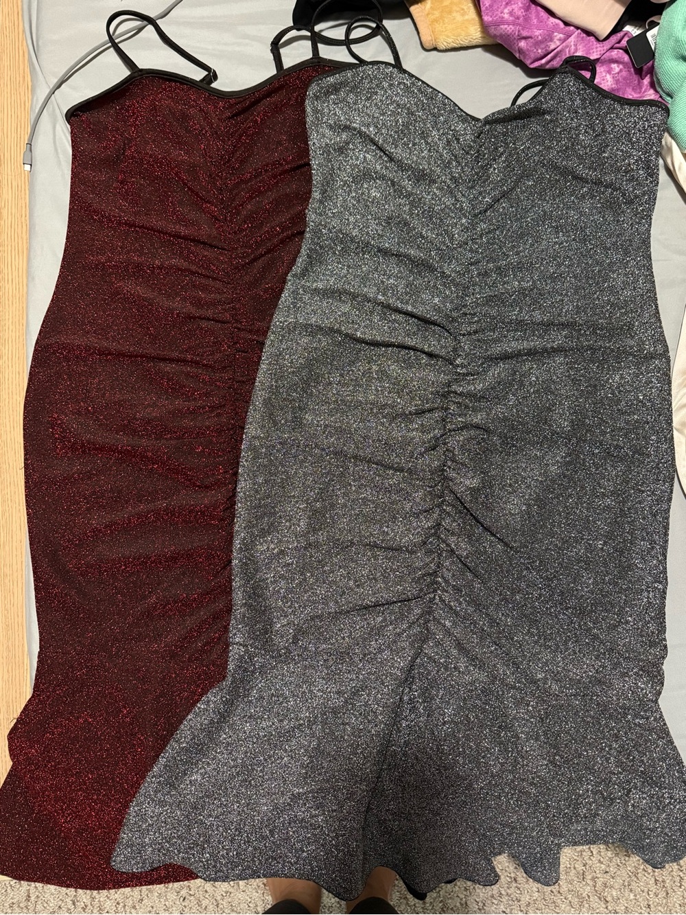SHEIN Sparkle Ruched Midi Dresses in Burgundy and Silver